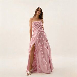 Aje Allaire Strapless Ruffled Shirred Faille Gown Chalk Pink